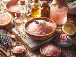 Pink Himalayan salt in wooden bowls with essential oils, citrus, and lavender on rustic wood