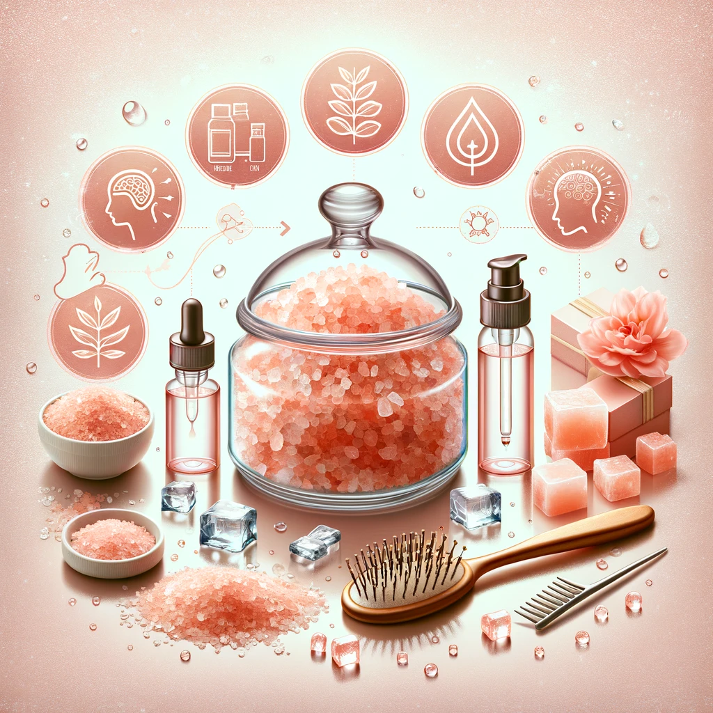 Himalayan salt in a glass jar with haircare products, a brush, and icons for scalp health