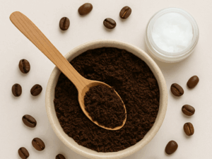Domowy peeling z kawy w ceramicznej misce z drewnianą łyżką i olejem kokosowym