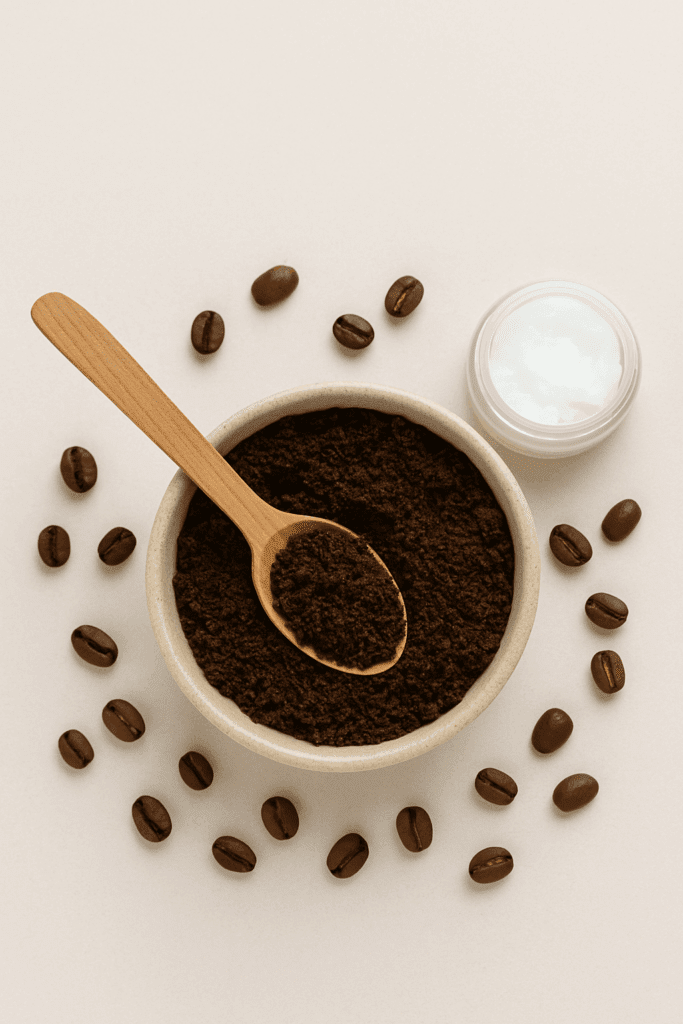 Domowy peeling z kawy w ceramicznej misce z drewnianą łyżką i olejem kokosowym