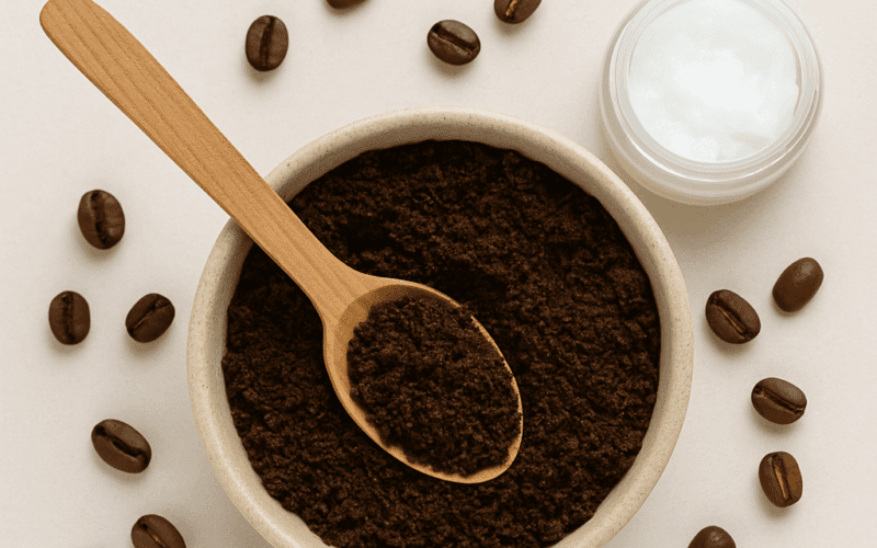 Domowy peeling z kawy w ceramicznej misce z drewnianą łyżką i olejem kokosowym