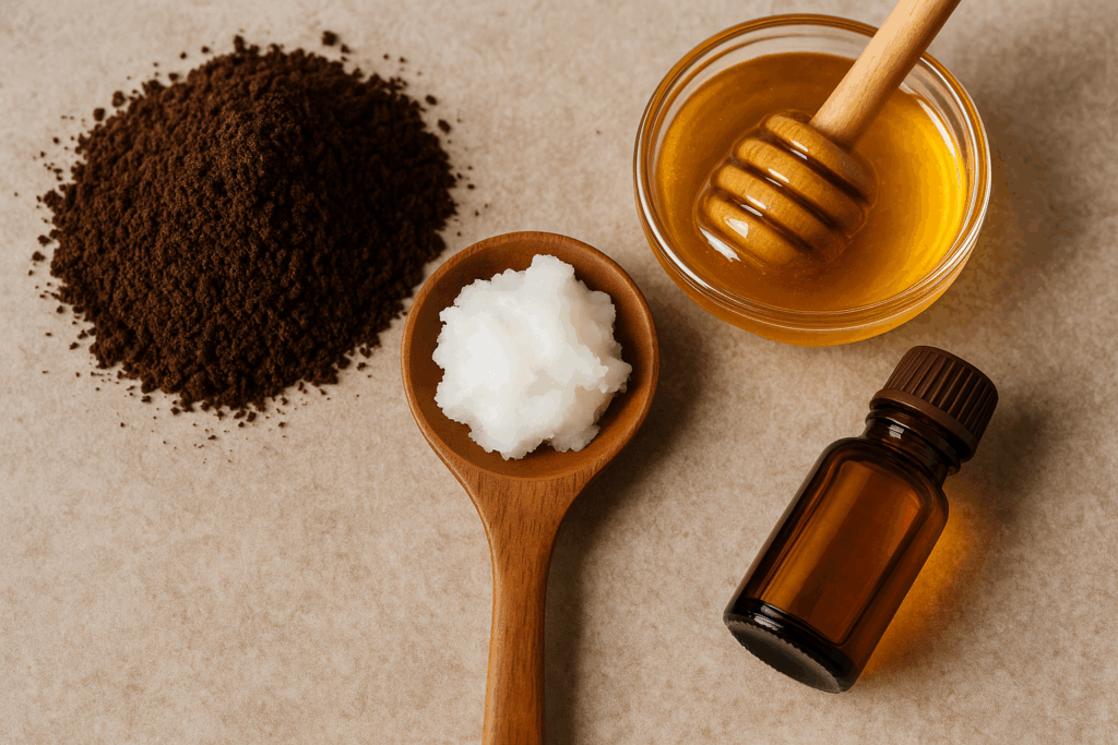 Naturalny peeling z kawy – składniki: mielona kawa, olej kokosowy, miód i olejek eteryczny