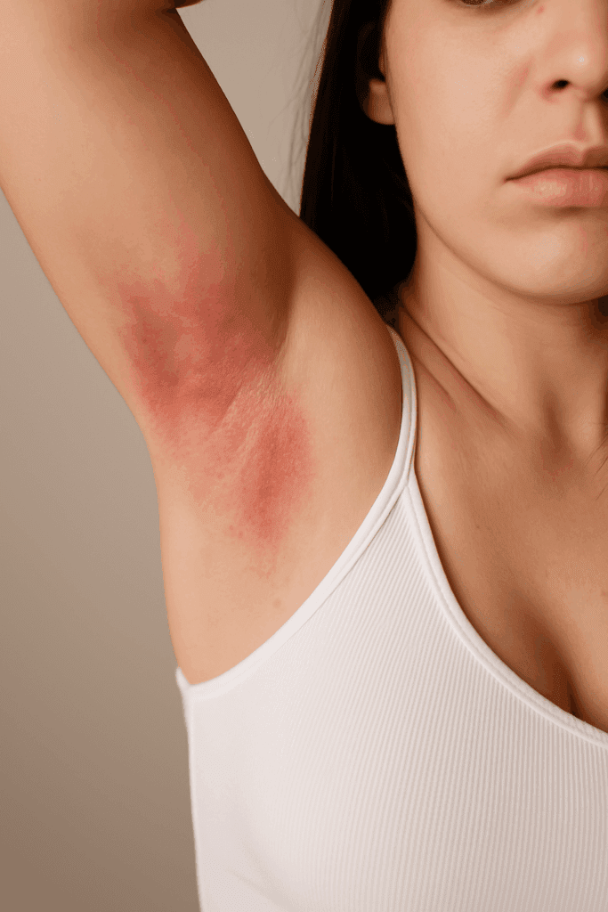 Podrażniona kobieca pacha po użyciu konwencjonalnego dezodorantu – potrzeba zmiany na naturalny dezodorant